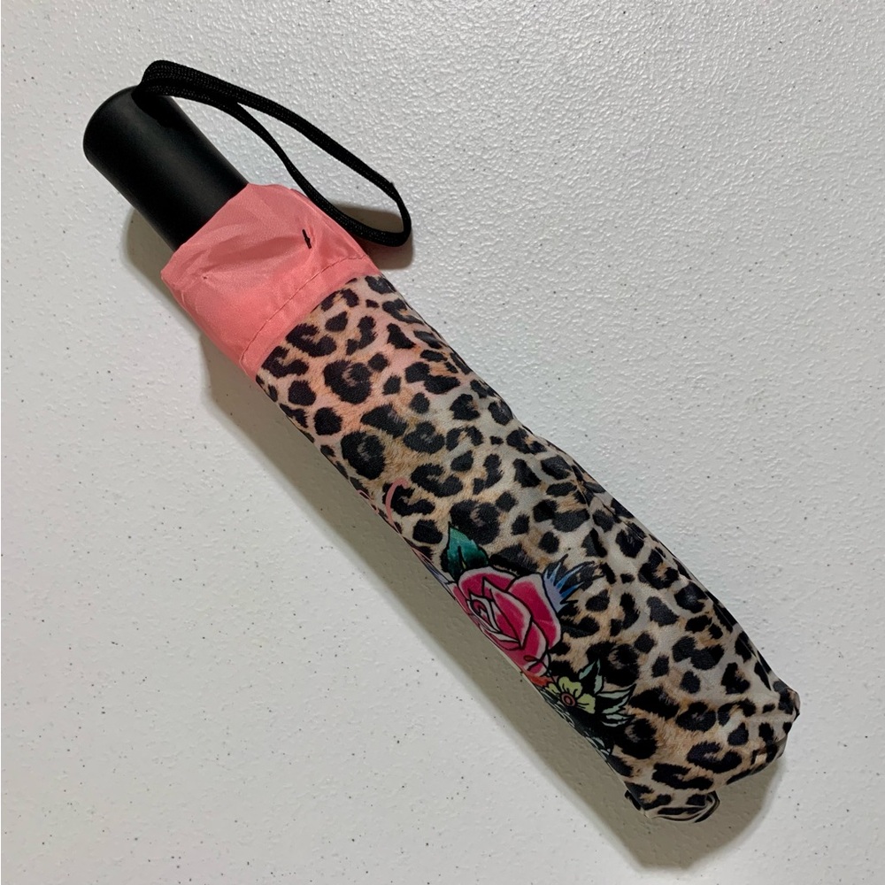 Ed Hardy 'Skull and Roses' Leopard Print Compact Umbrella-New